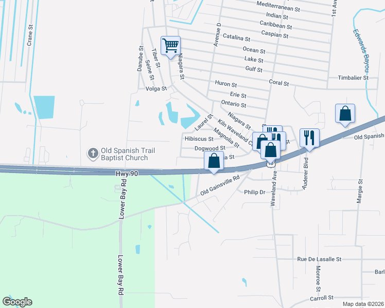 map of restaurants, bars, coffee shops, grocery stores, and more near 4044 Camellia Street in Bay St. Louis
