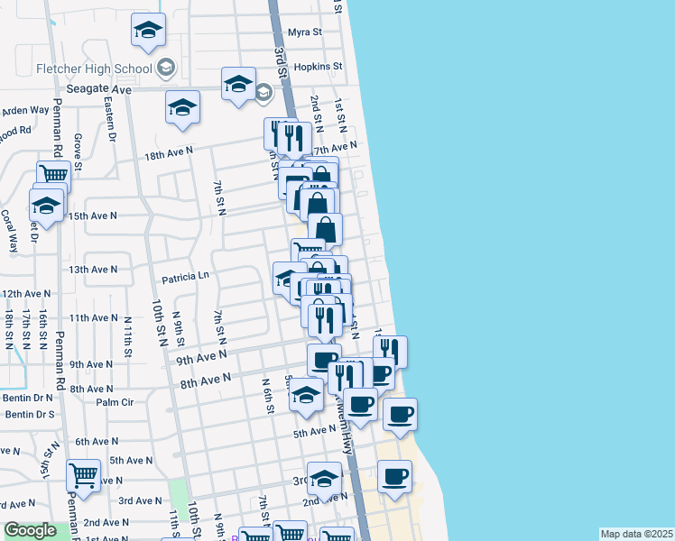 map of restaurants, bars, coffee shops, grocery stores, and more near 1218 2nd Street North in Jacksonville Beach