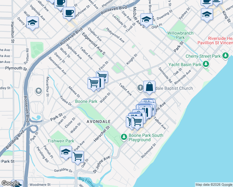 map of restaurants, bars, coffee shops, grocery stores, and more near 1557 Ingleside Avenue in Jacksonville