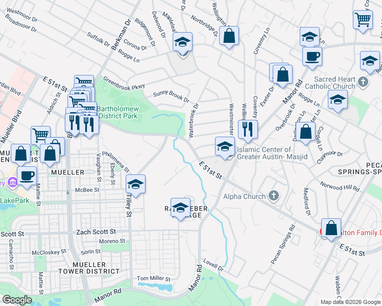 map of restaurants, bars, coffee shops, grocery stores, and more near 2215 East 51st Street in Austin