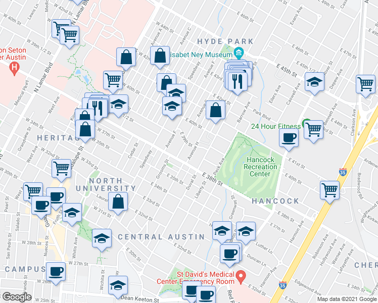 map of restaurants, bars, coffee shops, grocery stores, and more near 3807 Avenue G in Austin