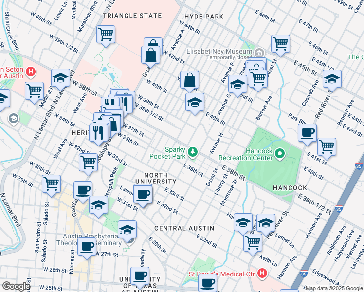 map of restaurants, bars, coffee shops, grocery stores, and more near 209 East 38th Street in Austin