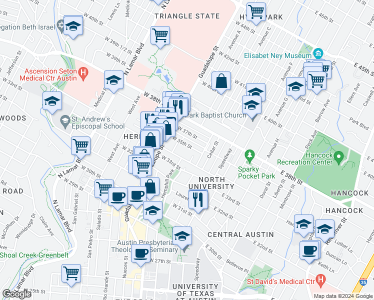 map of restaurants, bars, coffee shops, grocery stores, and more near 311 West 35th Street in Austin