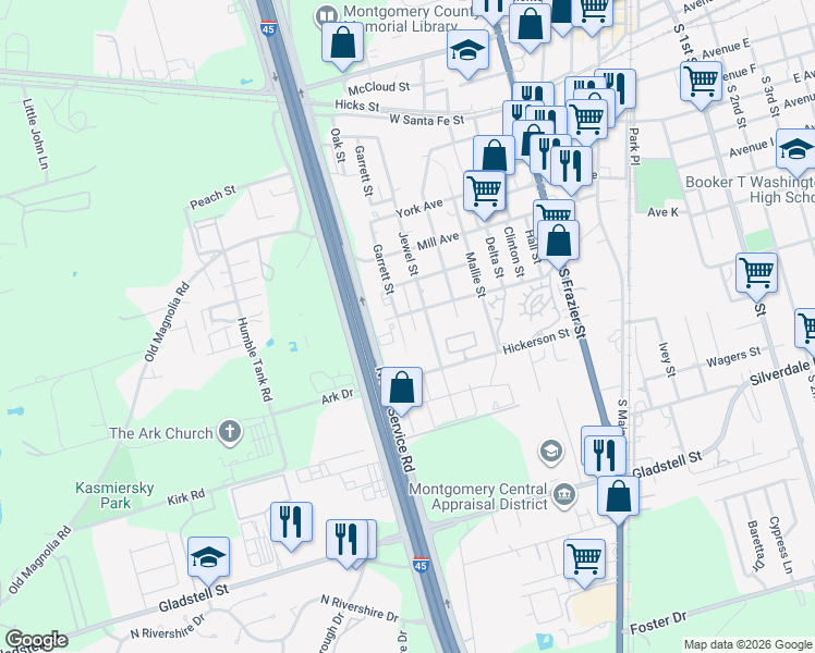 map of restaurants, bars, coffee shops, grocery stores, and more near 606 Garrett Street in Conroe
