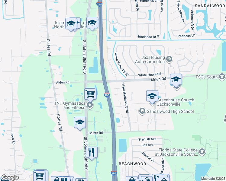 map of restaurants, bars, coffee shops, grocery stores, and more near 10714 San Antonio Court in Jacksonville