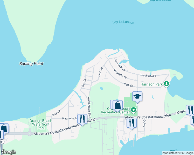 map of restaurants, bars, coffee shops, grocery stores, and more near 5141 Pine Road in Orange Beach