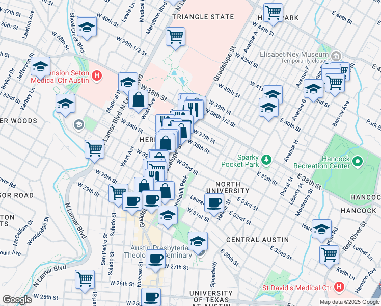 map of restaurants, bars, coffee shops, grocery stores, and more near 408 West 34th Street in Austin