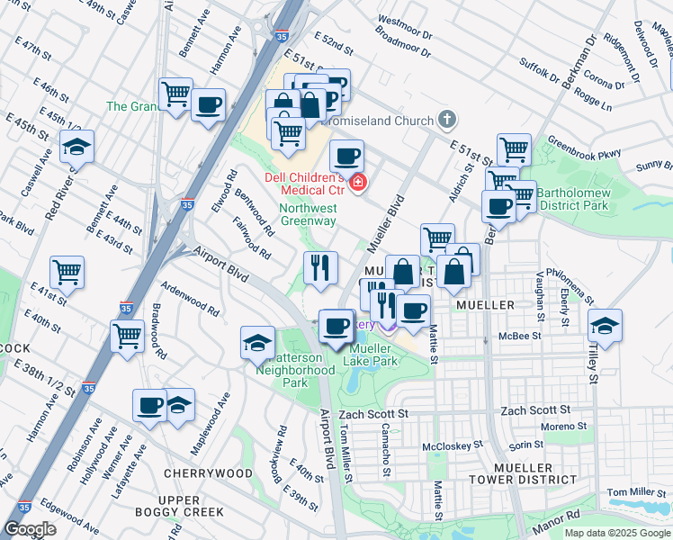 map of restaurants, bars, coffee shops, grocery stores, and more near 4640 Mueller Boulevard in Austin