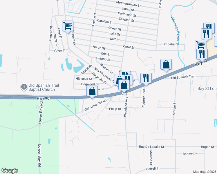 map of restaurants, bars, coffee shops, grocery stores, and more near 200 Camellia Street in Waveland