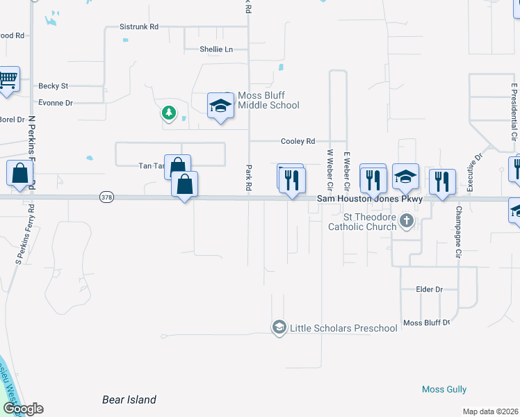 map of restaurants, bars, coffee shops, grocery stores, and more near 125 Thelma Ln in Lake Charles