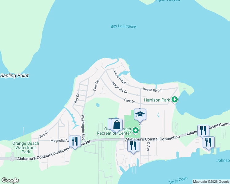 map of restaurants, bars, coffee shops, grocery stores, and more near 27137 Park Drive in Orange Beach