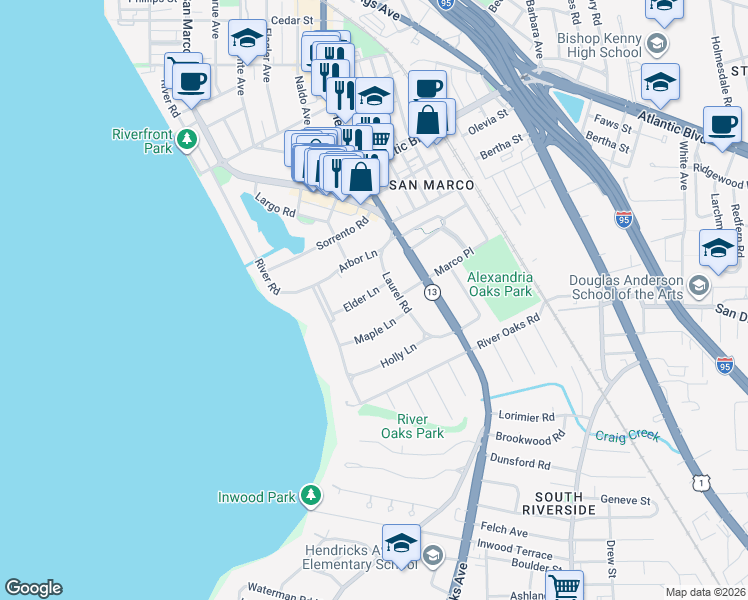map of restaurants, bars, coffee shops, grocery stores, and more near 1014 Elder Lane in Jacksonville
