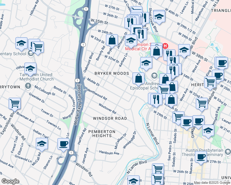 map of restaurants, bars, coffee shops, grocery stores, and more near 1510 Mohle Drive in Austin