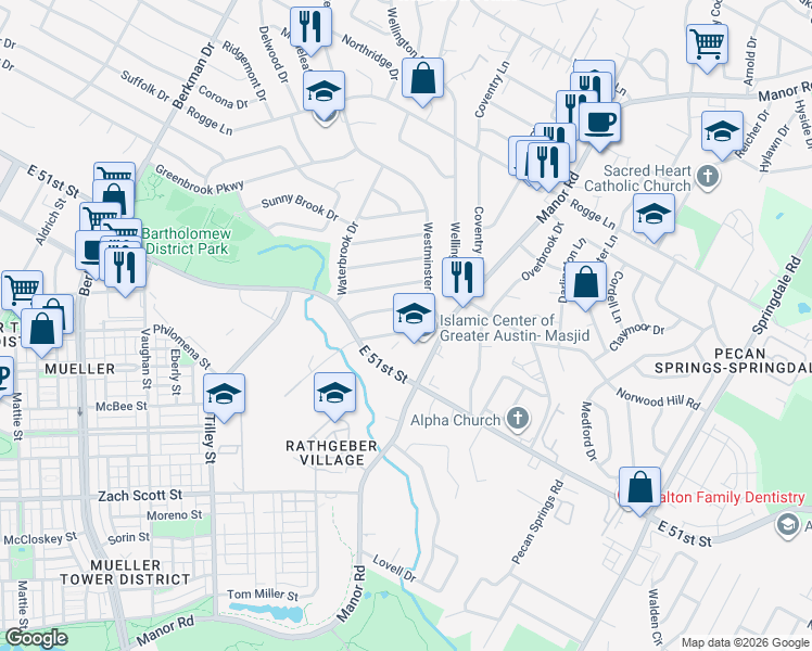 map of restaurants, bars, coffee shops, grocery stores, and more near 5202 Old Manor Road in Austin