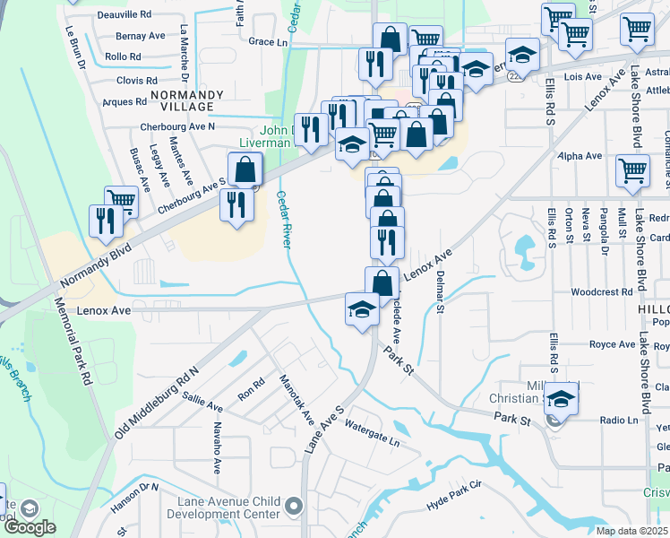 map of restaurants, bars, coffee shops, grocery stores, and more near 6555 Lenox Avenue in Jacksonville
