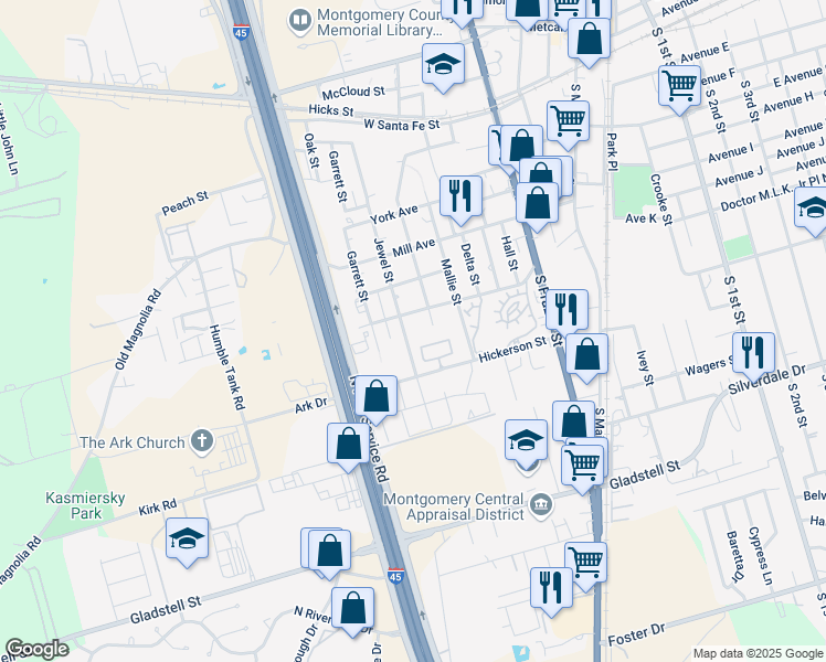map of restaurants, bars, coffee shops, grocery stores, and more near 604 Jewel Street in Conroe