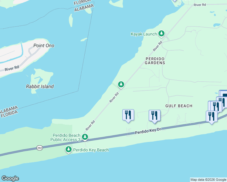 map of restaurants, bars, coffee shops, grocery stores, and more near 14500 River Road in Pensacola