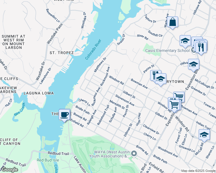 map of restaurants, bars, coffee shops, grocery stores, and more near 2104 Raleigh Avenue in Austin