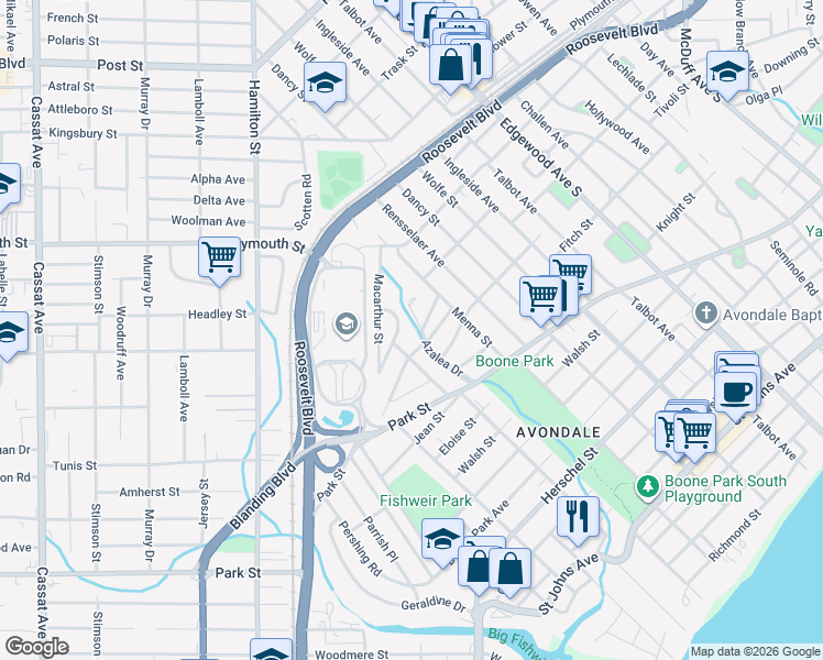 map of restaurants, bars, coffee shops, grocery stores, and more near 1340 Azalea Drive in Jacksonville