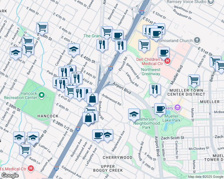 map of restaurants, bars, coffee shops, grocery stores, and more near 1206 Crestwood Road in Austin