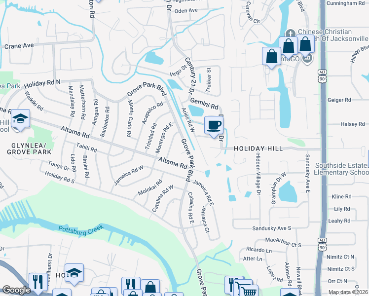 map of restaurants, bars, coffee shops, grocery stores, and more near 920 Grove Park Court in Jacksonville