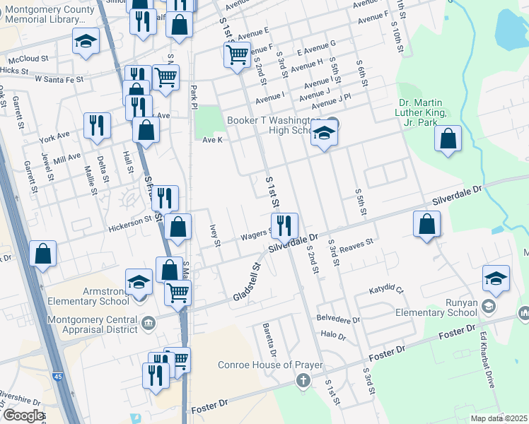 map of restaurants, bars, coffee shops, grocery stores, and more near 1000 South 1st Street in Conroe