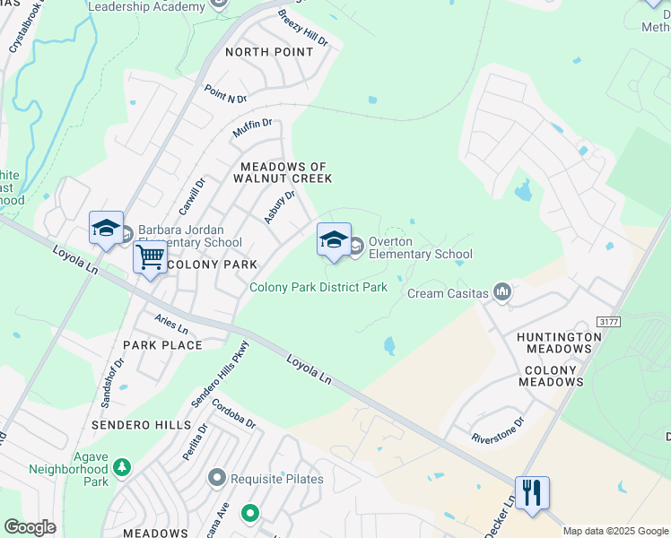 map of restaurants, bars, coffee shops, grocery stores, and more near 7201 Colony Loop Dr in Austin