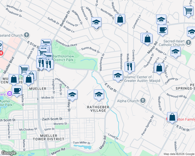 map of restaurants, bars, coffee shops, grocery stores, and more near 2215 East 51st Street in Austin