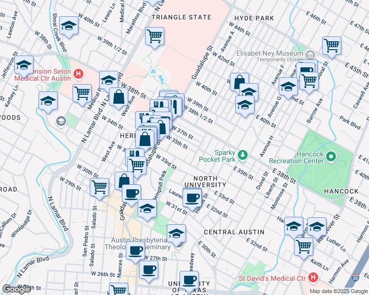 map of restaurants, bars, coffee shops, grocery stores, and more near 311 West 35th Street in Austin