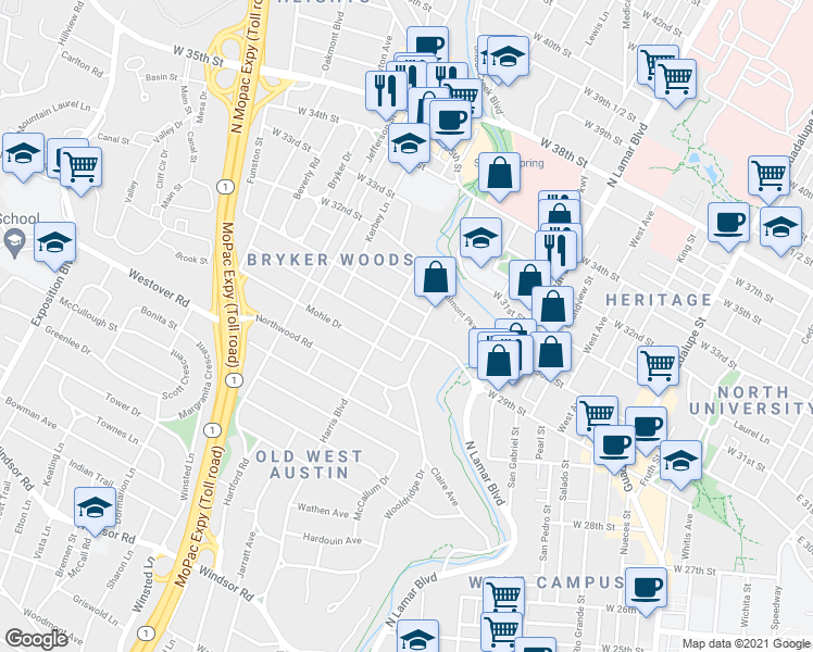 map of restaurants, bars, coffee shops, grocery stores, and more near 2817 Harris Boulevard in Austin