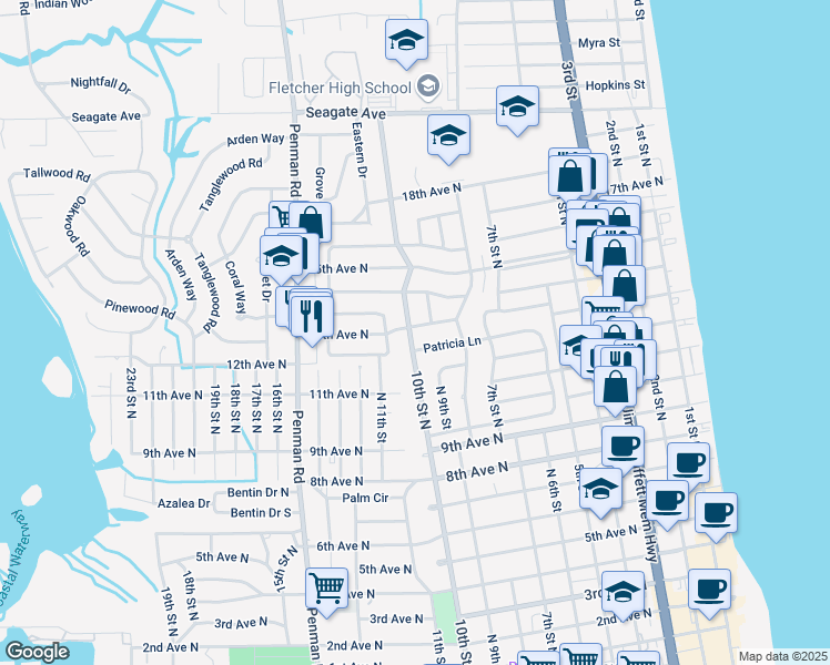 map of restaurants, bars, coffee shops, grocery stores, and more near 924 13th Avenue North in Jacksonville Beach
