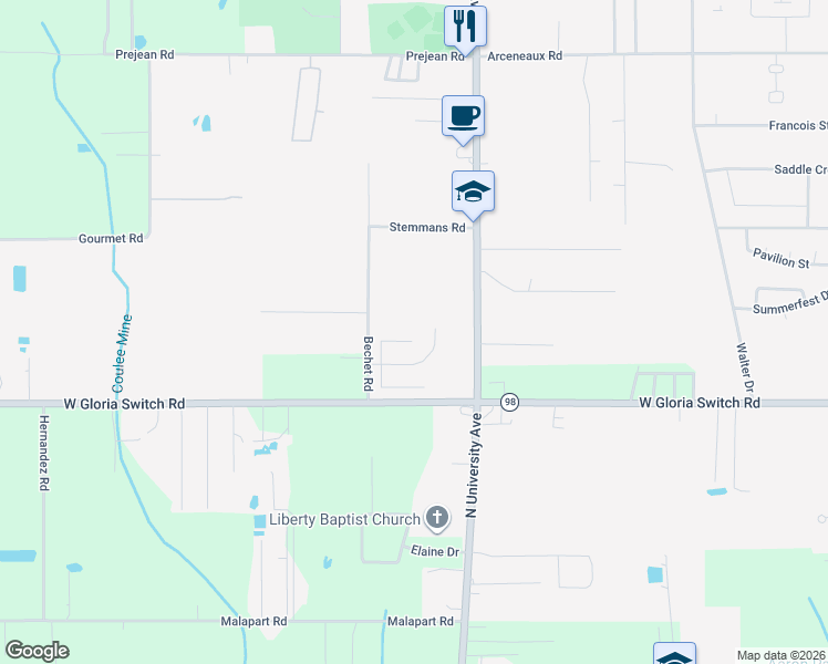 map of restaurants, bars, coffee shops, grocery stores, and more near 409 Rue Colombe in Carencro