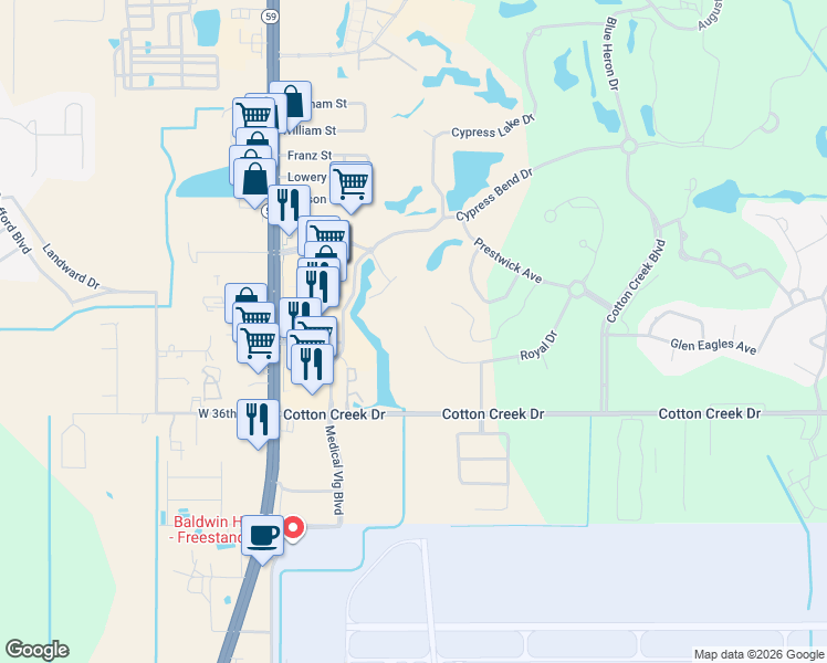 map of restaurants, bars, coffee shops, grocery stores, and more near 251 Royal Drive in Gulf Shores