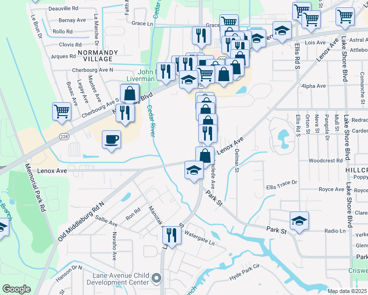 map of restaurants, bars, coffee shops, grocery stores, and more near 6555 Lenox Avenue in Jacksonville