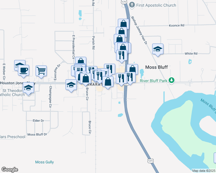 map of restaurants, bars, coffee shops, grocery stores, and more near 217 Sam Houston Jones Parkway in Lake Charles
