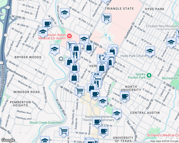 map of restaurants, bars, coffee shops, grocery stores, and more near 705 West 32nd Street in Austin