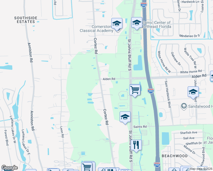map of restaurants, bars, coffee shops, grocery stores, and more near 2649 Cortez Road in Jacksonville