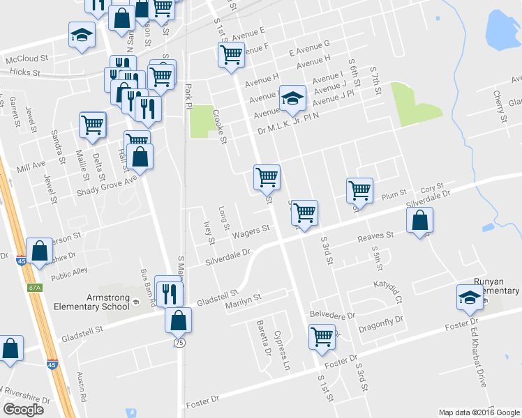 map of restaurants, bars, coffee shops, grocery stores, and more near 1004 South 1st Street in Conroe