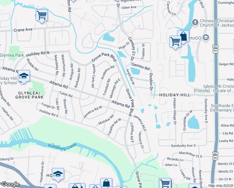 map of restaurants, bars, coffee shops, grocery stores, and more near 879 Montego Road East in Jacksonville
