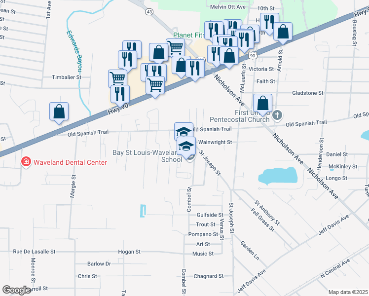 map of restaurants, bars, coffee shops, grocery stores, and more near 105 Tiffany Street in Waveland