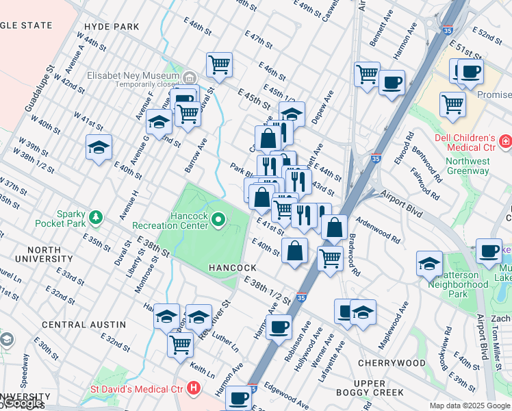 map of restaurants, bars, coffee shops, grocery stores, and more near 4137 Red River Street in Austin