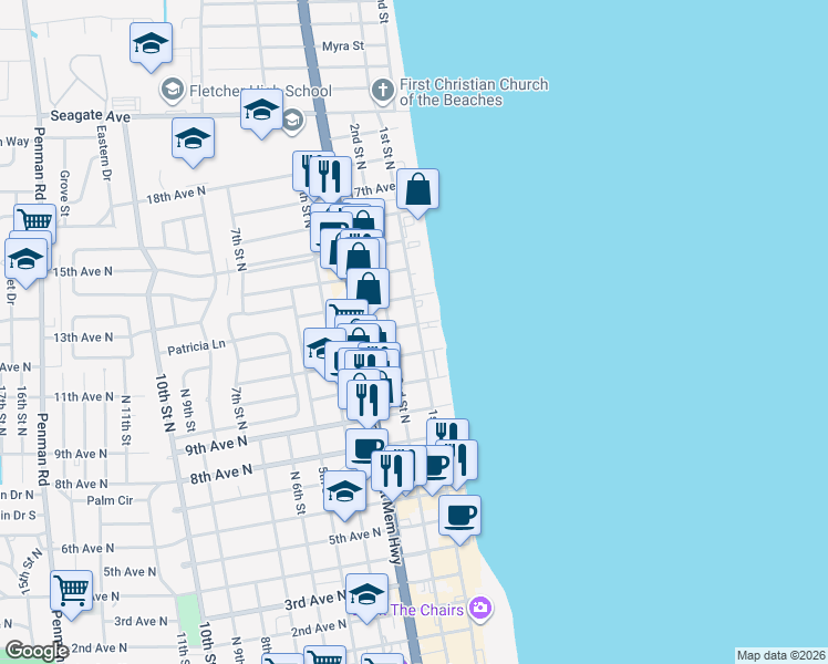 map of restaurants, bars, coffee shops, grocery stores, and more near 1201 1st Street North in Jacksonville Beach