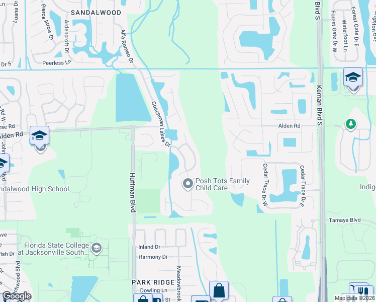 map of restaurants, bars, coffee shops, grocery stores, and more near 2704 Coachman Lakes Drive in Jacksonville