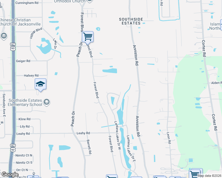 map of restaurants, bars, coffee shops, grocery stores, and more near 10515 North Lantana Lakes Drive in Jacksonville