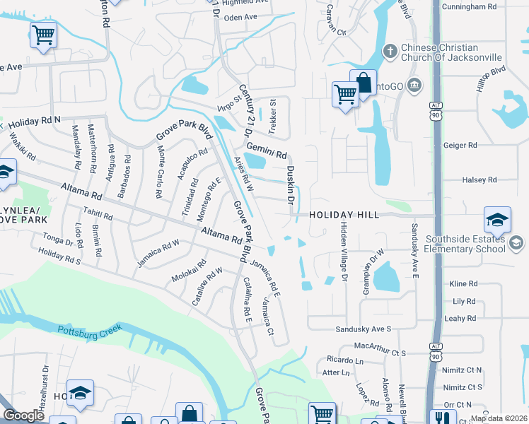 map of restaurants, bars, coffee shops, grocery stores, and more near 8446 Capricorn Street in Jacksonville