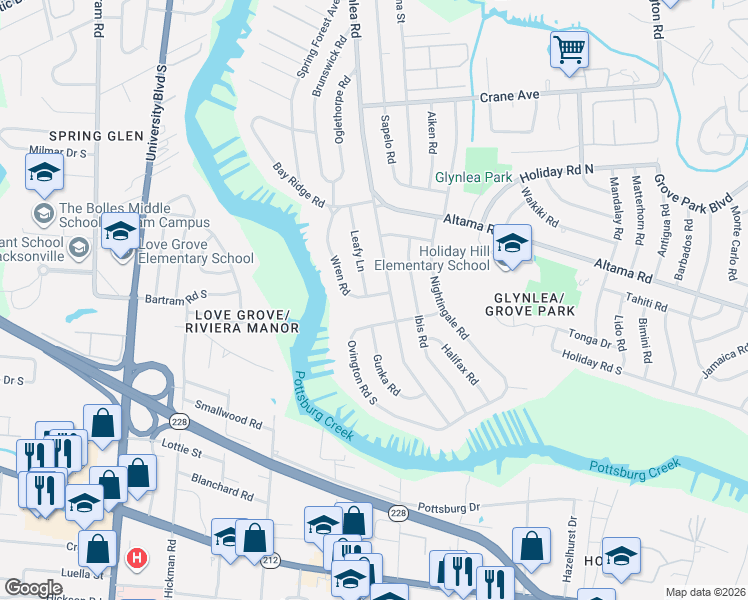 map of restaurants, bars, coffee shops, grocery stores, and more near 942 Wren Road in Jacksonville
