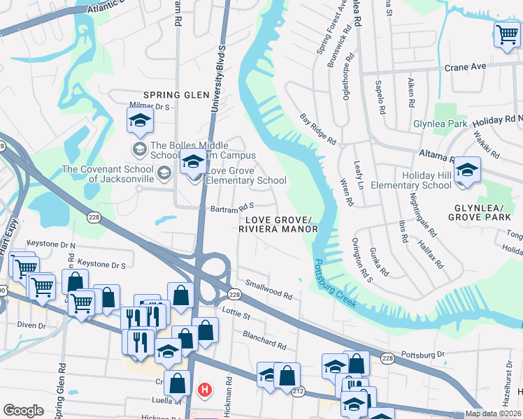 map of restaurants, bars, coffee shops, grocery stores, and more near 6346 Kellow Drive in Jacksonville