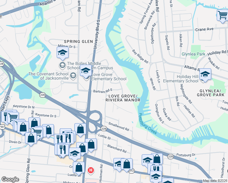 map of restaurants, bars, coffee shops, grocery stores, and more near 6115 Riviera Manor Drive in Jacksonville