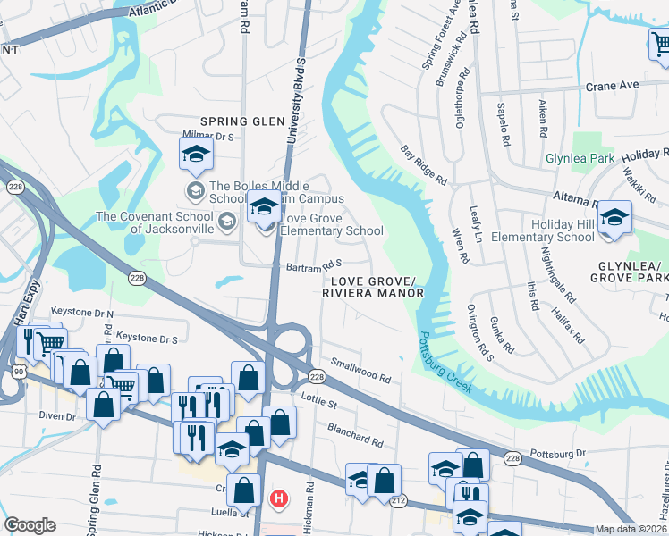 map of restaurants, bars, coffee shops, grocery stores, and more near 6115 Riviera Manor Drive in Jacksonville