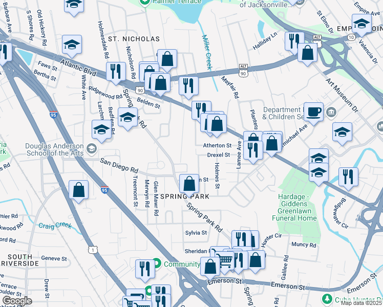 map of restaurants, bars, coffee shops, grocery stores, and more near 3350 Drexel Street in Jacksonville